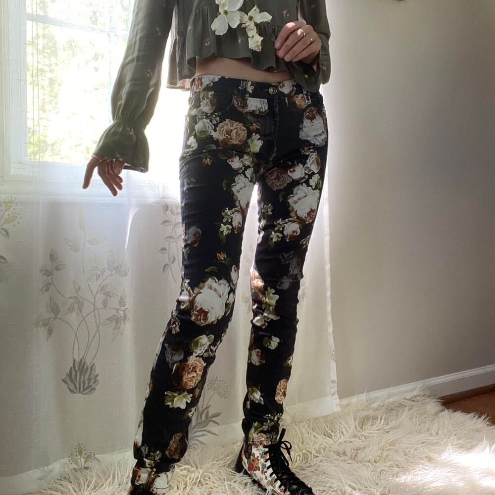7 for all mankind Women's skinny jeans rose floral cotton black botanical